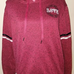 RUE21 - Red Heathered Hooded Sweater w/ Black-White Arm Stripes & Love Logo, XL